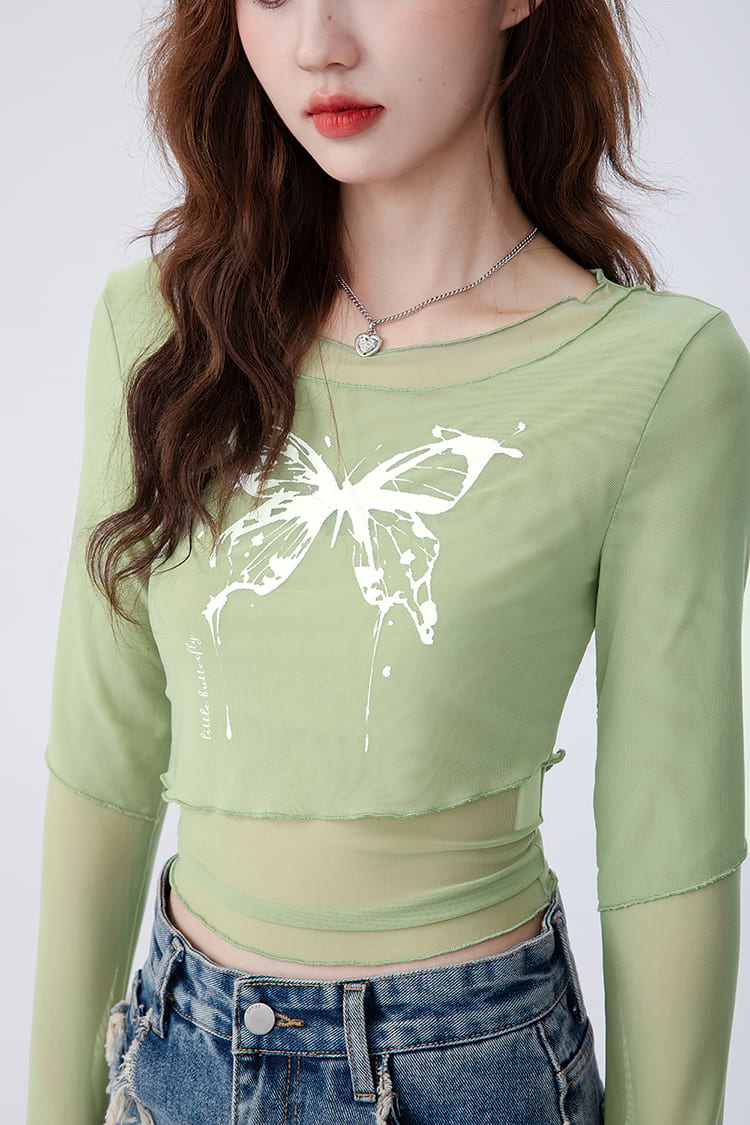 Mock Two-Piece Crop Top with Butterfly Print