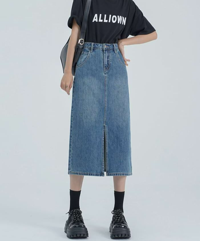Classic Midi Denim Skirt with Front Slit