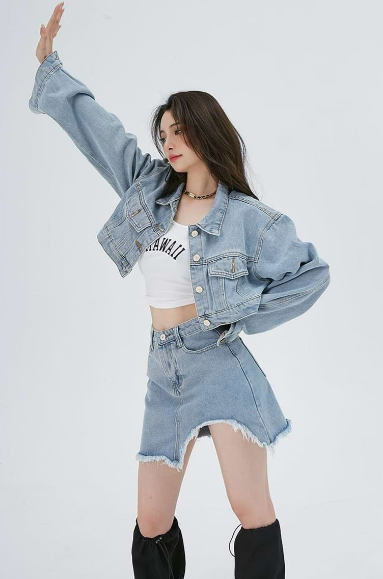 Crop Top Denim Jacket Skirt Set Cropped Denim Jacket And