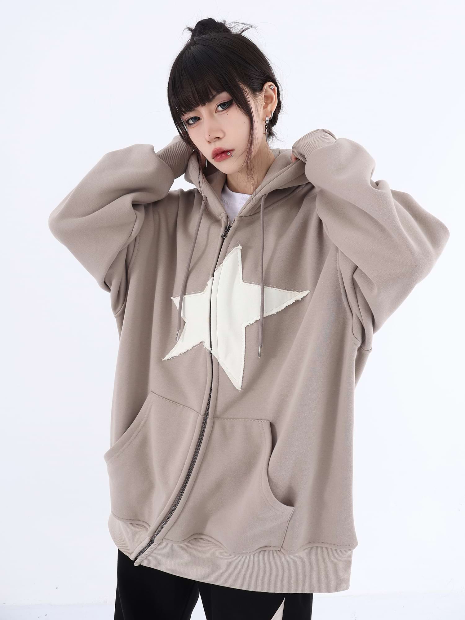 Asymmetric Zip Star Oversized Hoodie