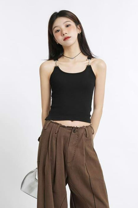 Metal Buckle Strap Ribbed Crop Top - nightcity clothing