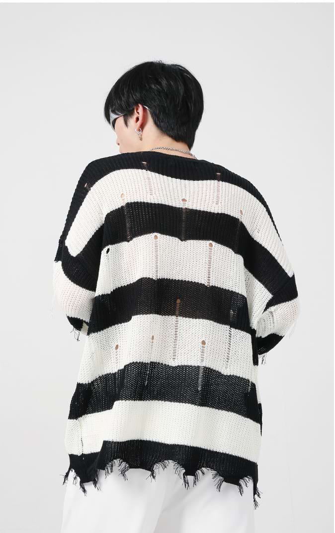 Distressed Tassel Stripe Knit Sweater - nightcity clothing