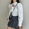Slim Cutout Collar Puff Sleeve Button Top - nightcity clothing