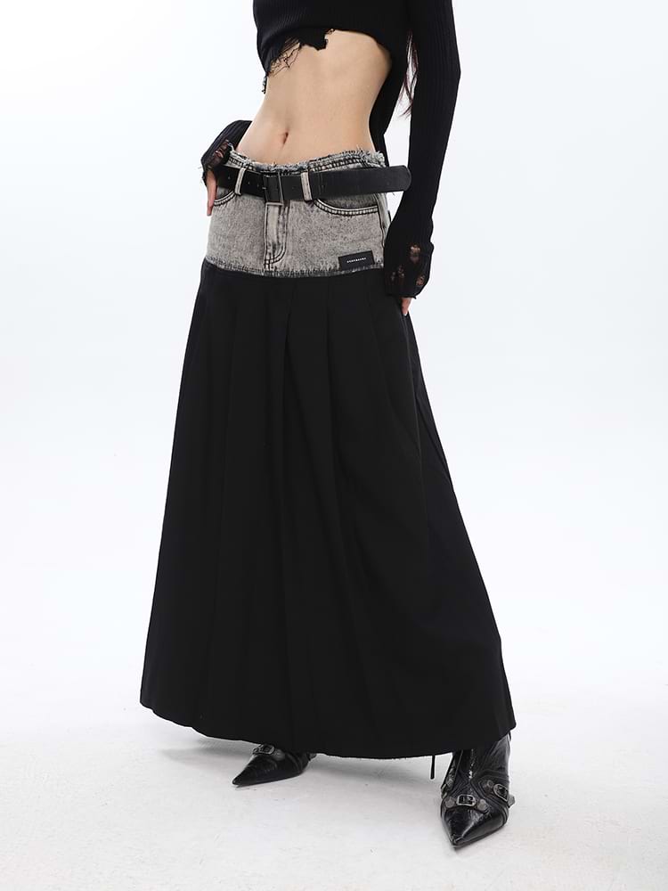 Denim Patchwork Pleated Midi Skirt