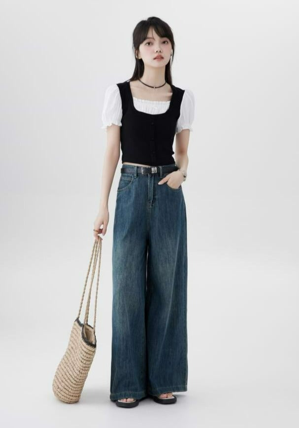 Color Block Mock Two-Piece Puff Shoulder Top