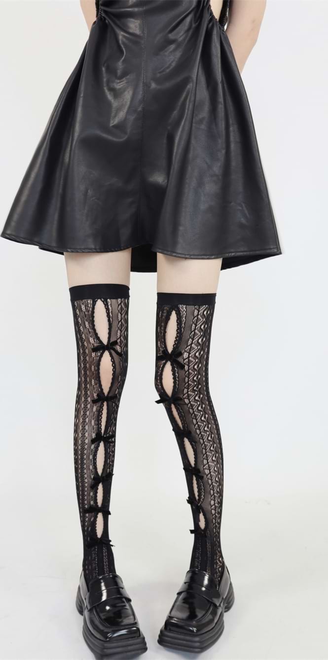 Bow Detail Cut-Out Thigh-High Fishnet Stocking Socks