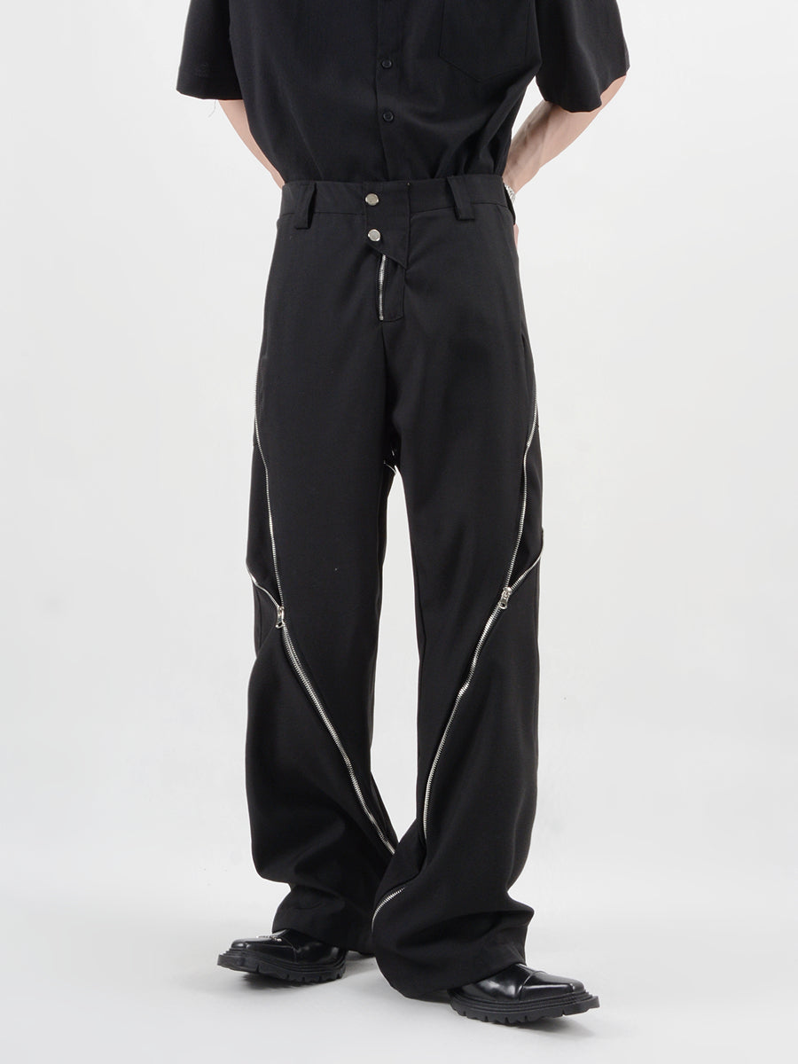 Straight Fit Diagonal Zip Up Pants - nightcity clothing