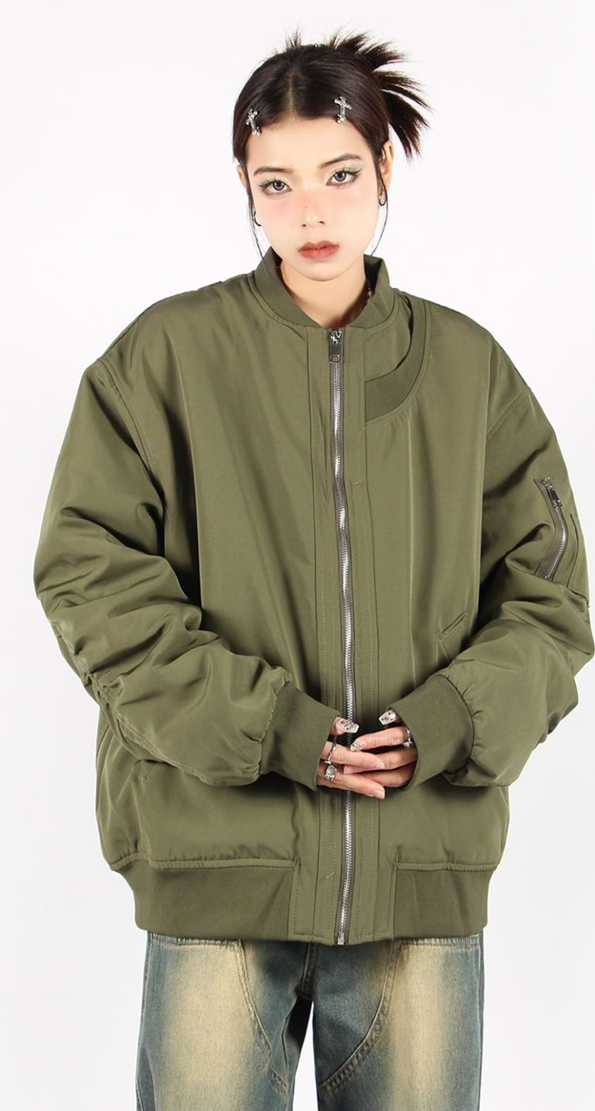 Oversized Bomber Jacket with Sleeve Pocket