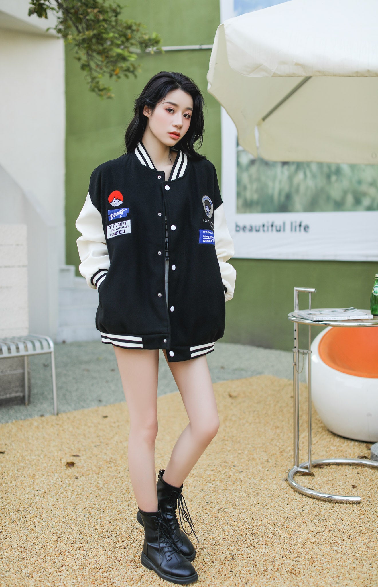 Cropped Baseball Jacket Black and White / One Size (XS-M) - Y2K - Nightcity Clothing