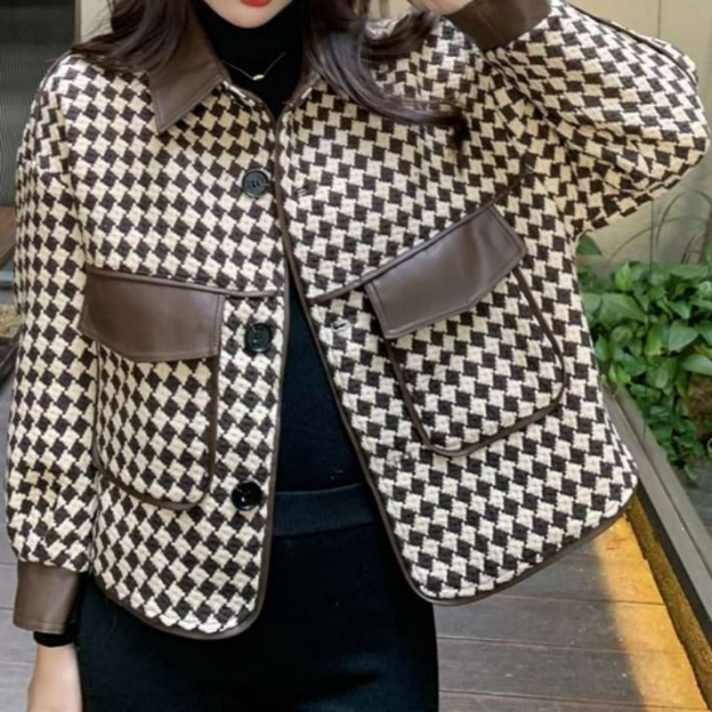 Faux Leather Argyle Pattern Blazer Jacket