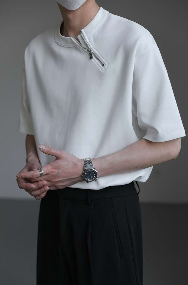 Asymmetric Collar Zip Drop Shoulder T-Shirt