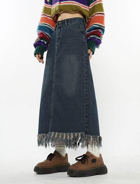 Tassel Hem Denim Midi Skirt - nightcity clothing
