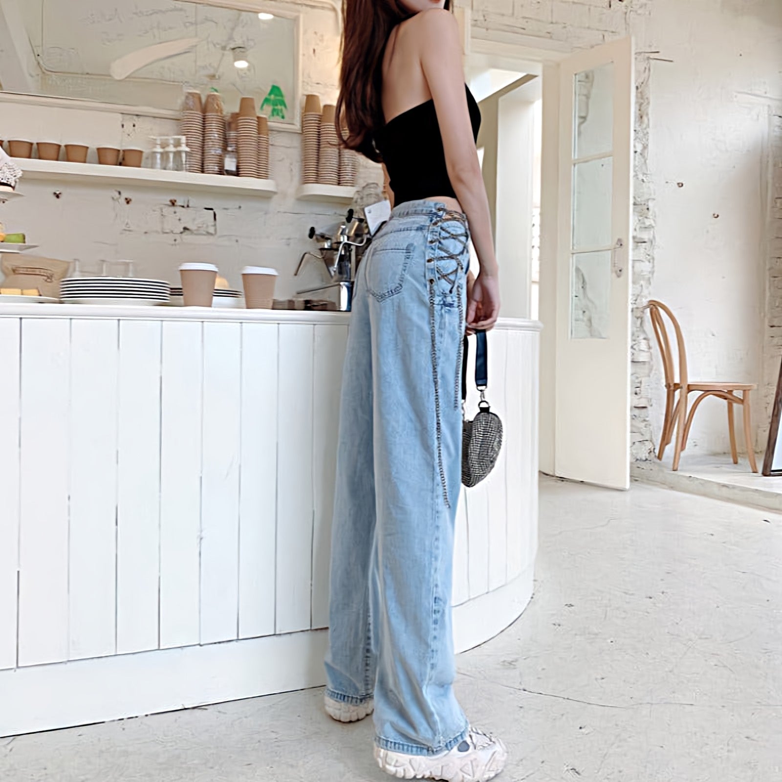 Wide Leg Jeans with Side Waist Chain Drawstrings - nightcity clothing