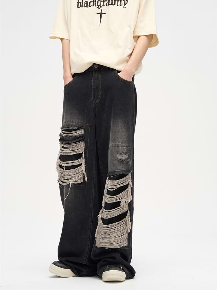 Faded Distressed Patchwork Jeans