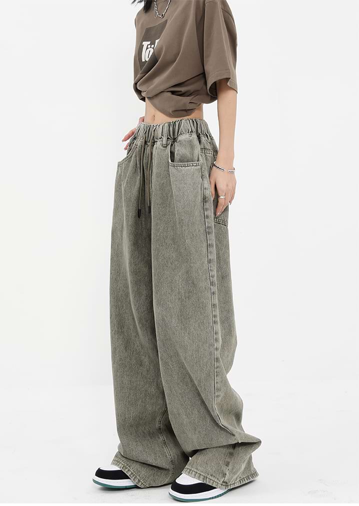 Angelcity Elastic Waist Wide Leg Pants Baggy Straight Cut