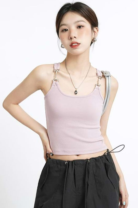 Metal Buckle Strap Ribbed Crop Top - nightcity clothing