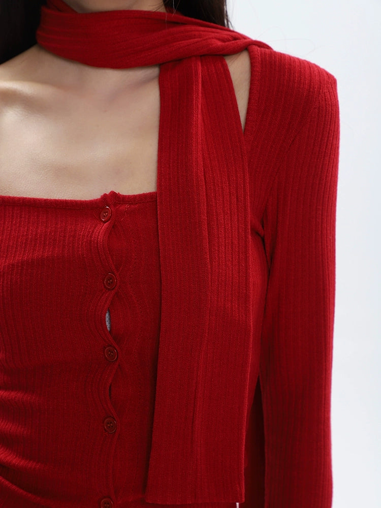 Ribbed Cropped Cardigan with Scarf Detail