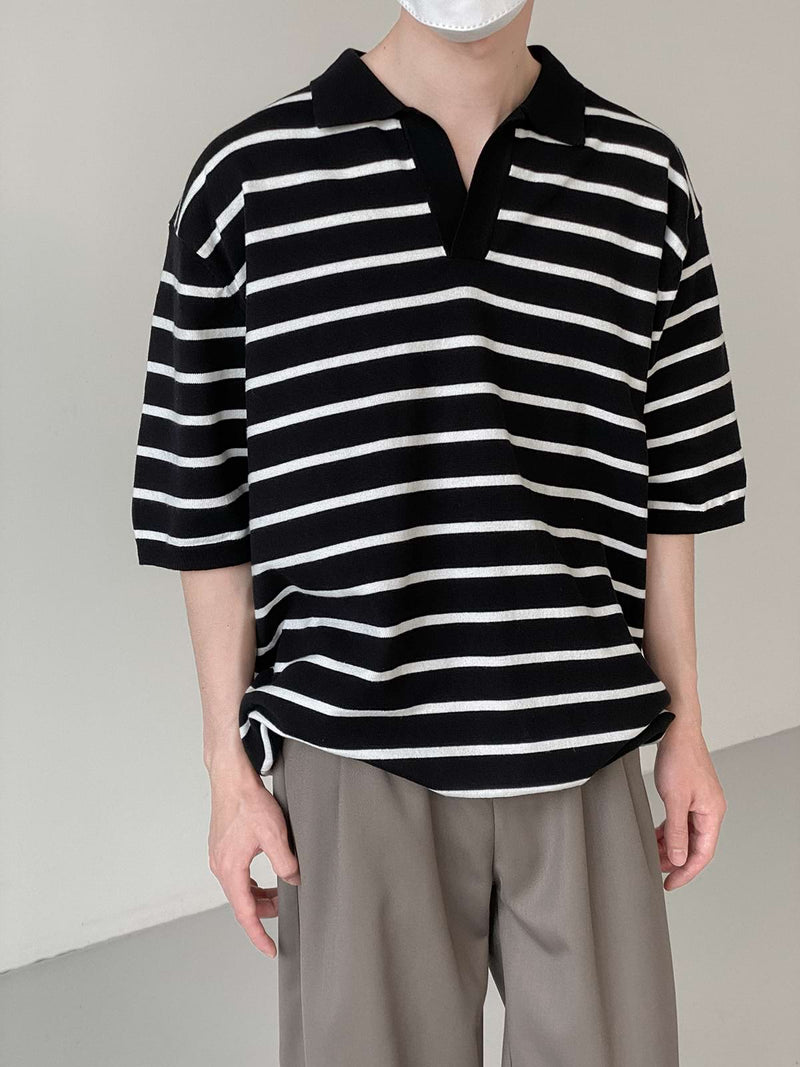 Stripe Ribbed Hem Collared Shirt