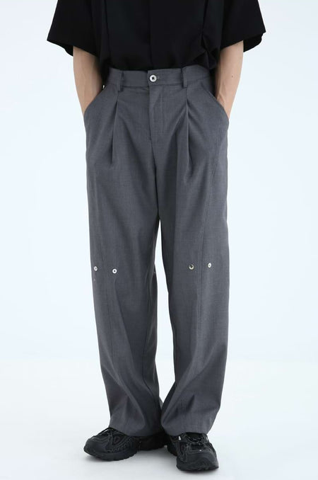 Pleated Straight Fit Pants with Knee Buttons