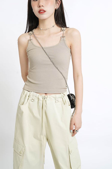 Metal Buckle Strap Ribbed Crop Top - nightcity clothing