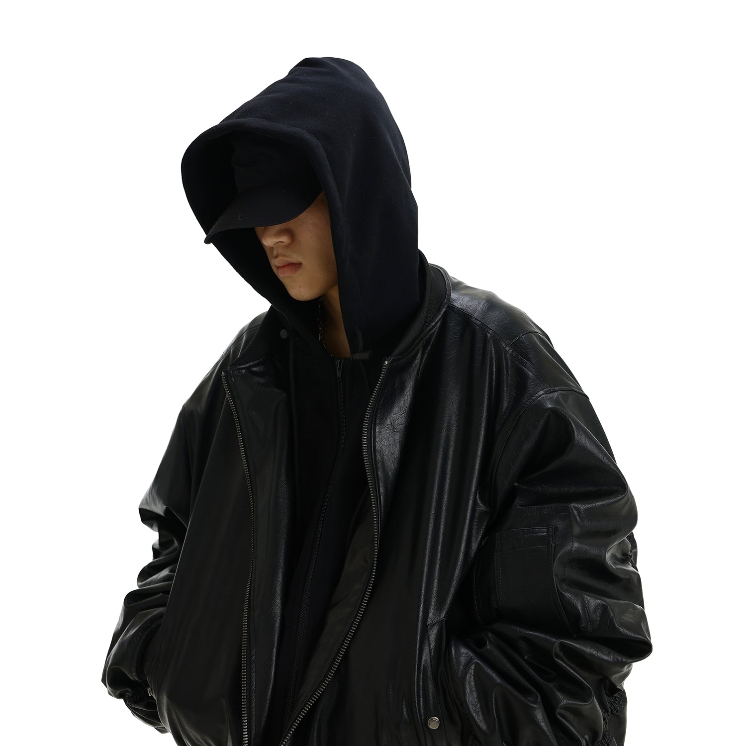 Oversized Hooded Faux Leather Bomber Jacket with Utility Pocket