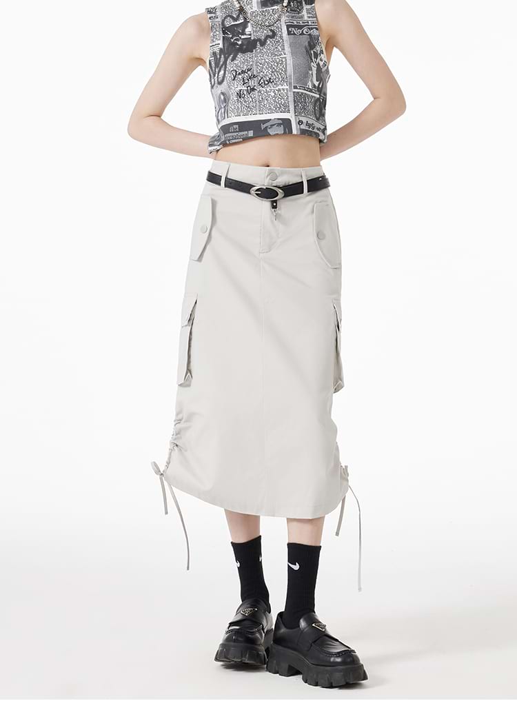Ruched Side Cargo Midi Skirt