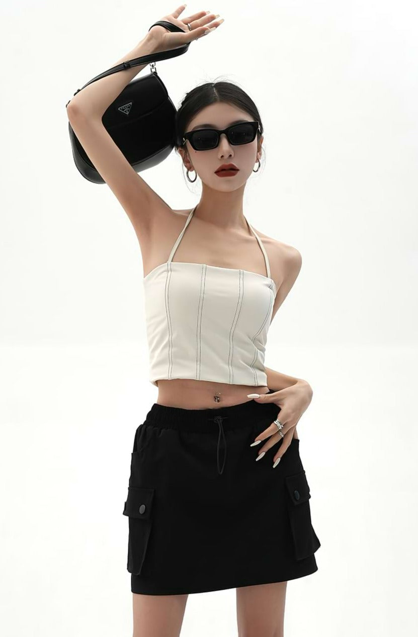 Contrast Stitch Halter Neck Crop Top