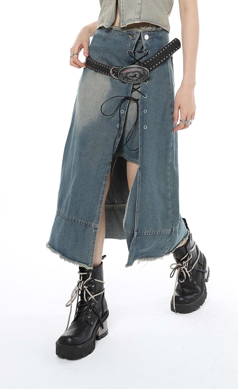 Layered Denim Midi Skirt with Drawstring Slit