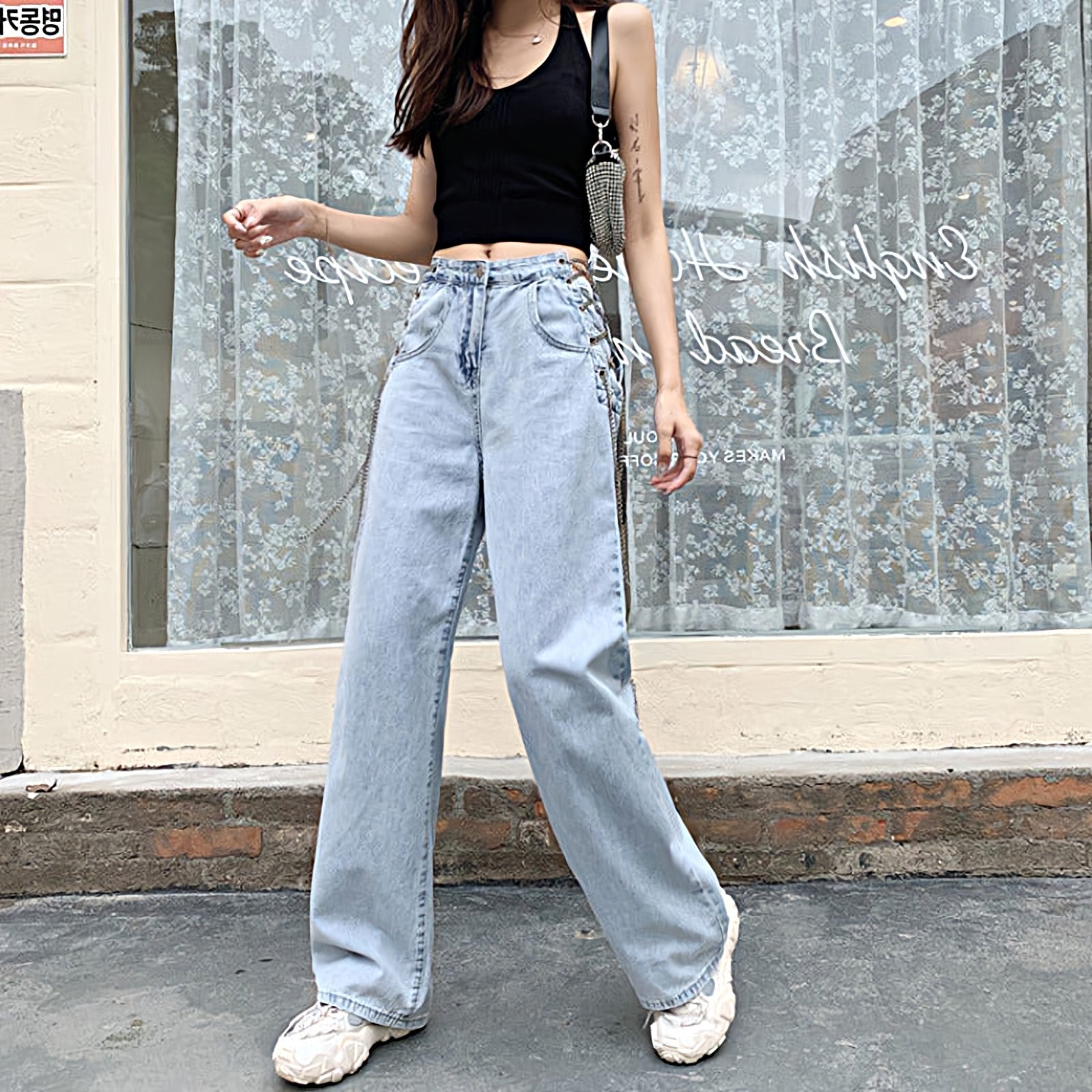 Wide Leg Jeans with Side Waist Chain Drawstrings - nightcity clothing