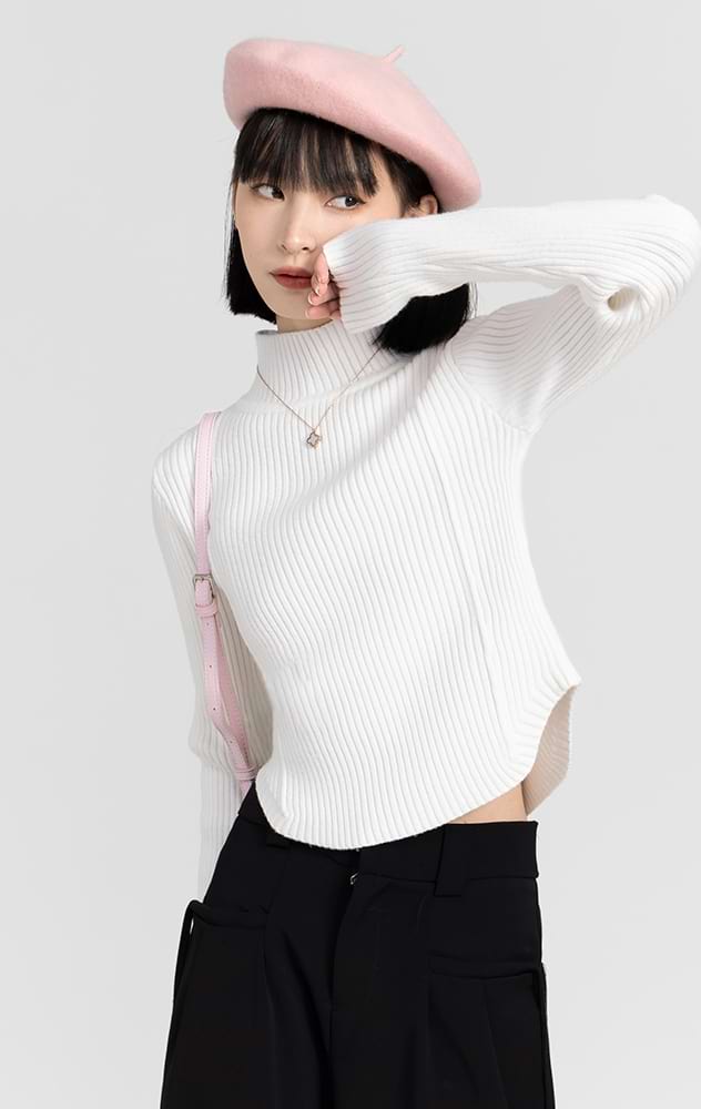 Ribbed U Shaped Hem High Neck Top