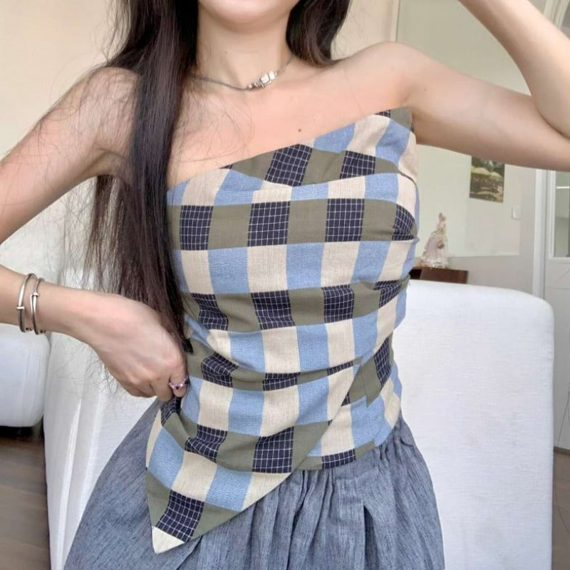 Asymmetric Plaid Tube Top