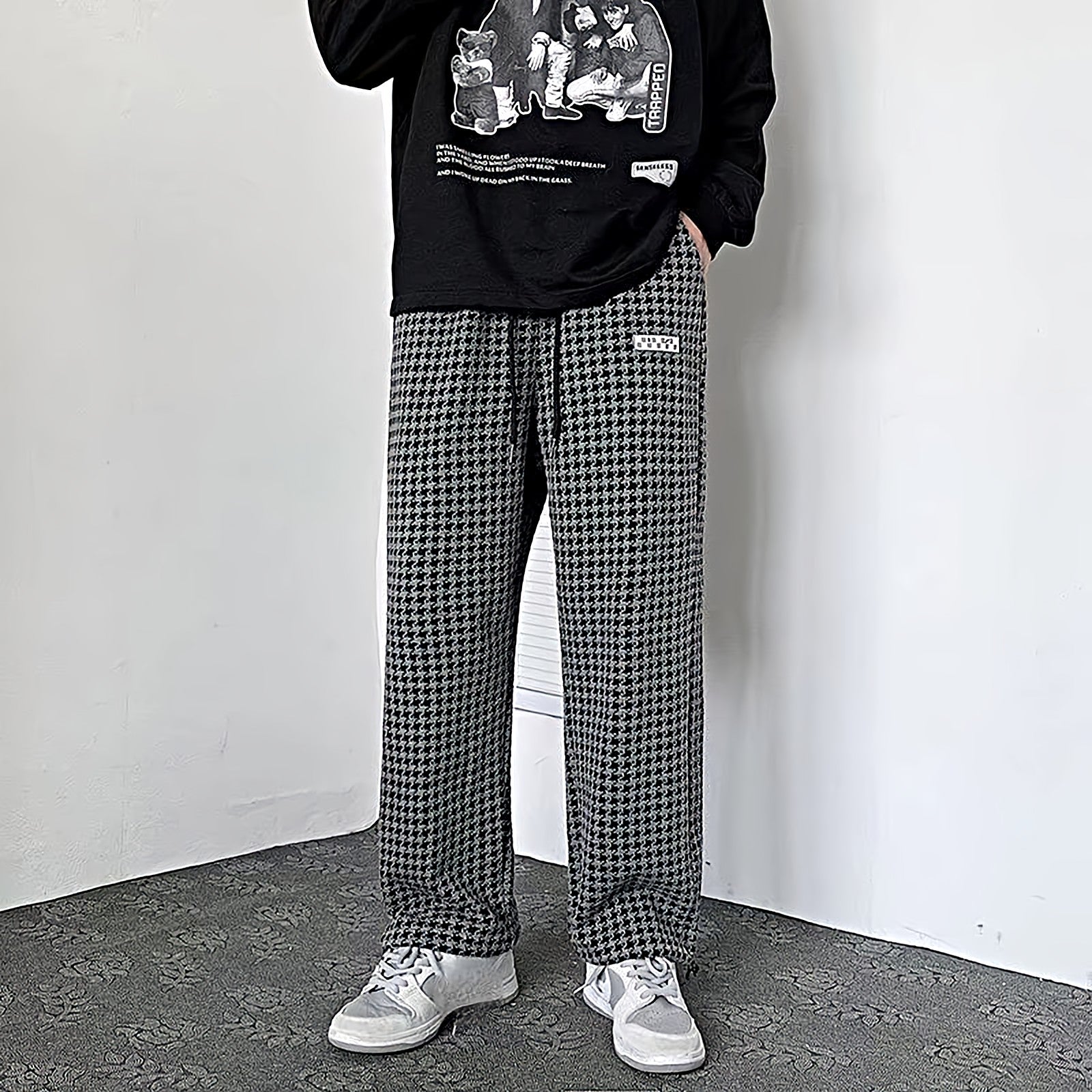 Houndstooth Lightweight Pants with Cuff Drawstring - nightcity clothing
