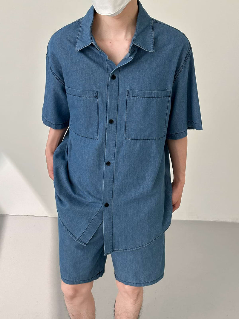 Soft Denim Button Shirt and Elastic Waist Shorts Two-Piece Set