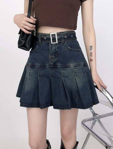 【Anyone more】Daniel Belt Denim Pleated Mini Skirt Anyone more】Daniel Belt Denim Pleated Mini Skirt