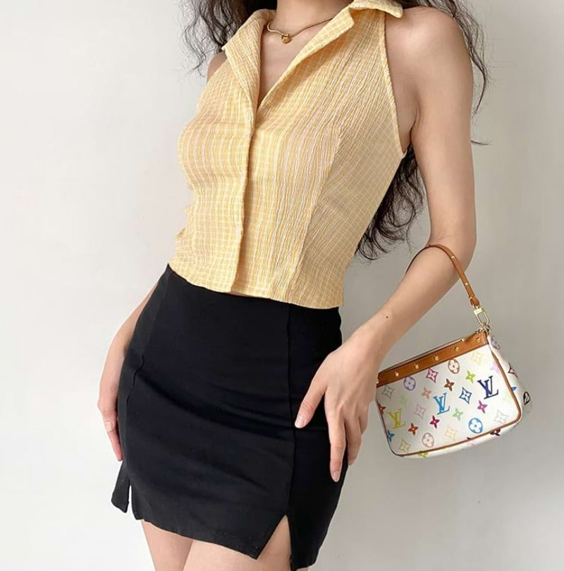 Plaid Sleeveless Collared Crop Top