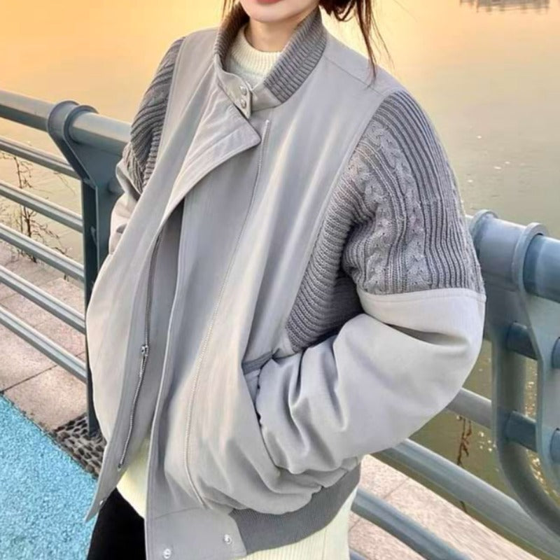 Knit Textured Patchwork Oversized Bomber Jacket