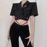 Overlapped Short Sleeve Cropped Blazer and Semi Flare Pants Two-Piece Set - nightcity clothing