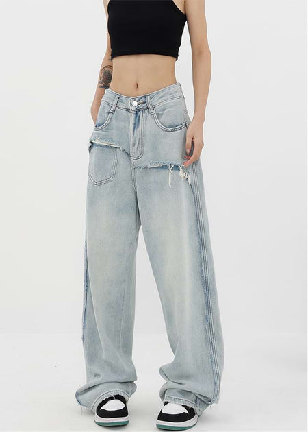 Mock Two-Piece Faded Distressed Jeans