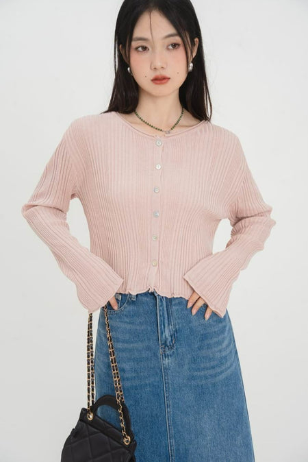 Ruffle Hem Ribbed Button Top - nightcity clothing