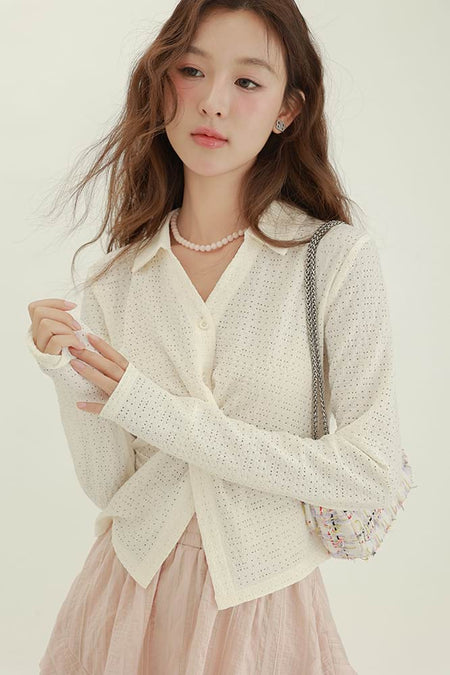 Twisted Knot Eyelet Long Sleeve Top
