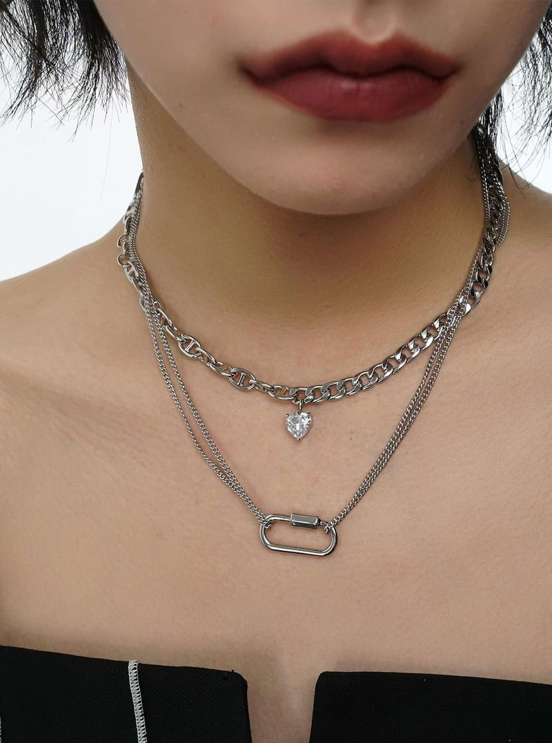 Multi Layer Chain Necklace with Heart Stud and Hollow Pendant