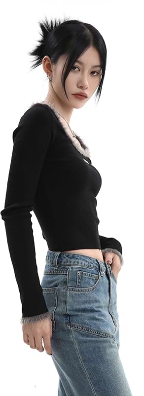Fuzzy Collar and Sleeve Skinny Crop Top