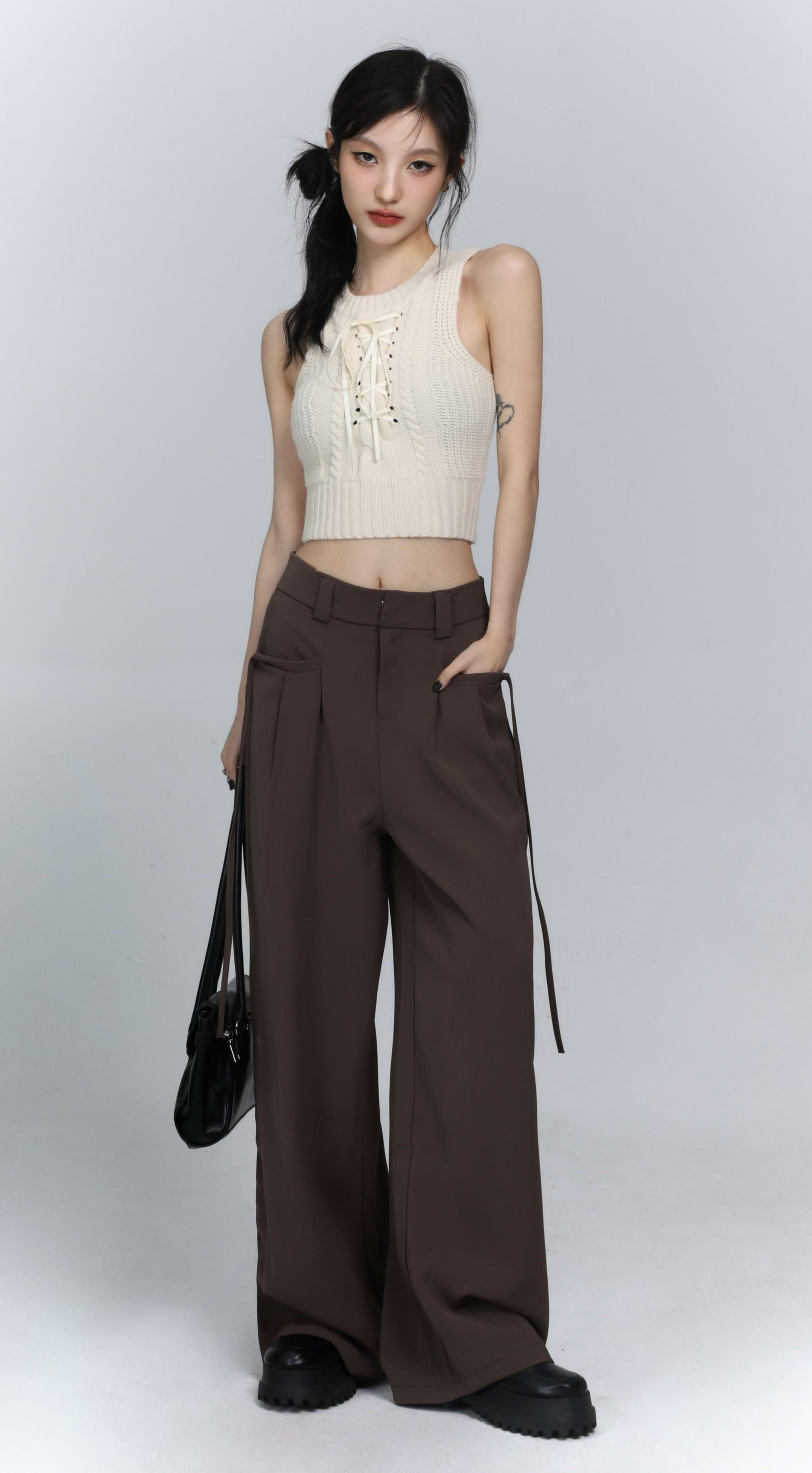 Cropped Knit Vest with Drawstrings