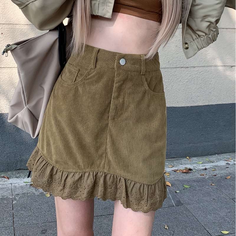 Corduroy Mini Skirt with Eyelet Pleats - nightcity clothing