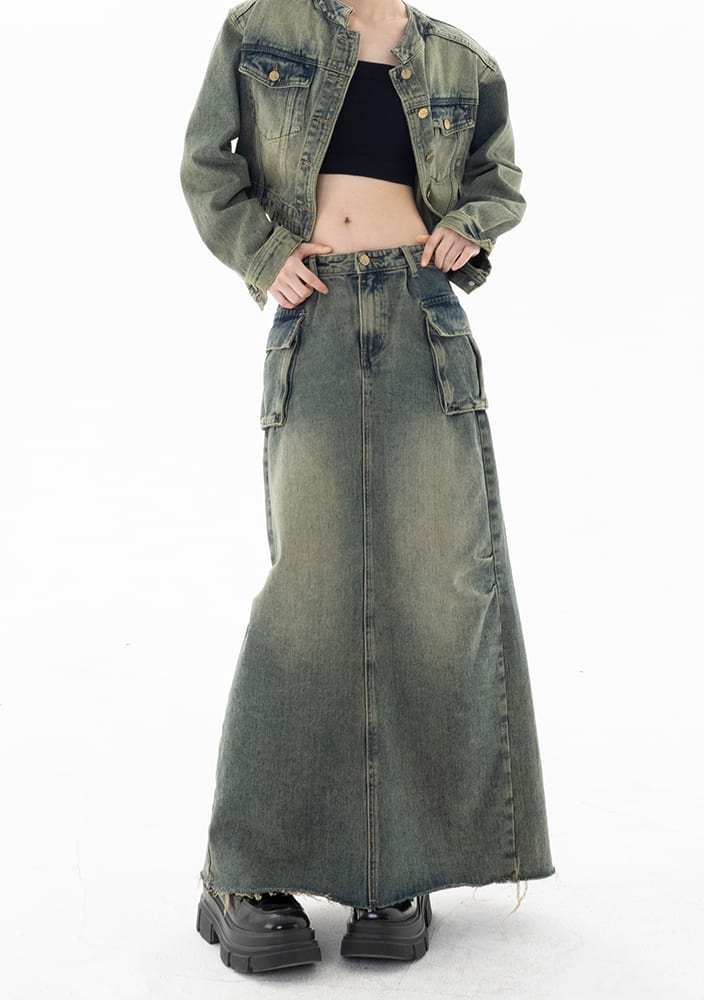 Faded Pocketed Denim Maxi Skirt