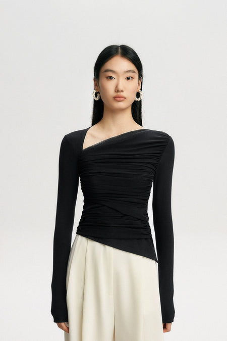 Asymmetric Ruched Long Sleeve Skinny Top