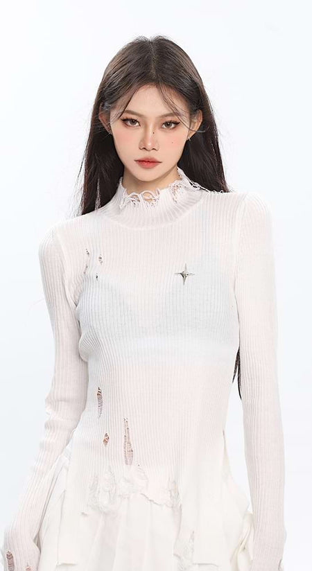 Distressed High Neck Long Sleeve Top
