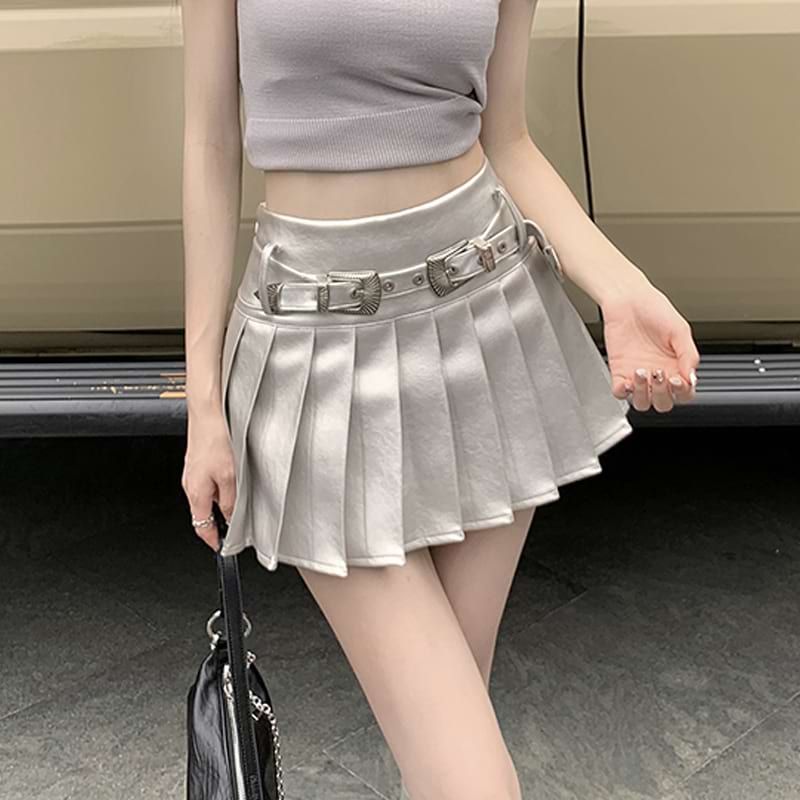 Metallic Pleated Mini Skirt with Belt