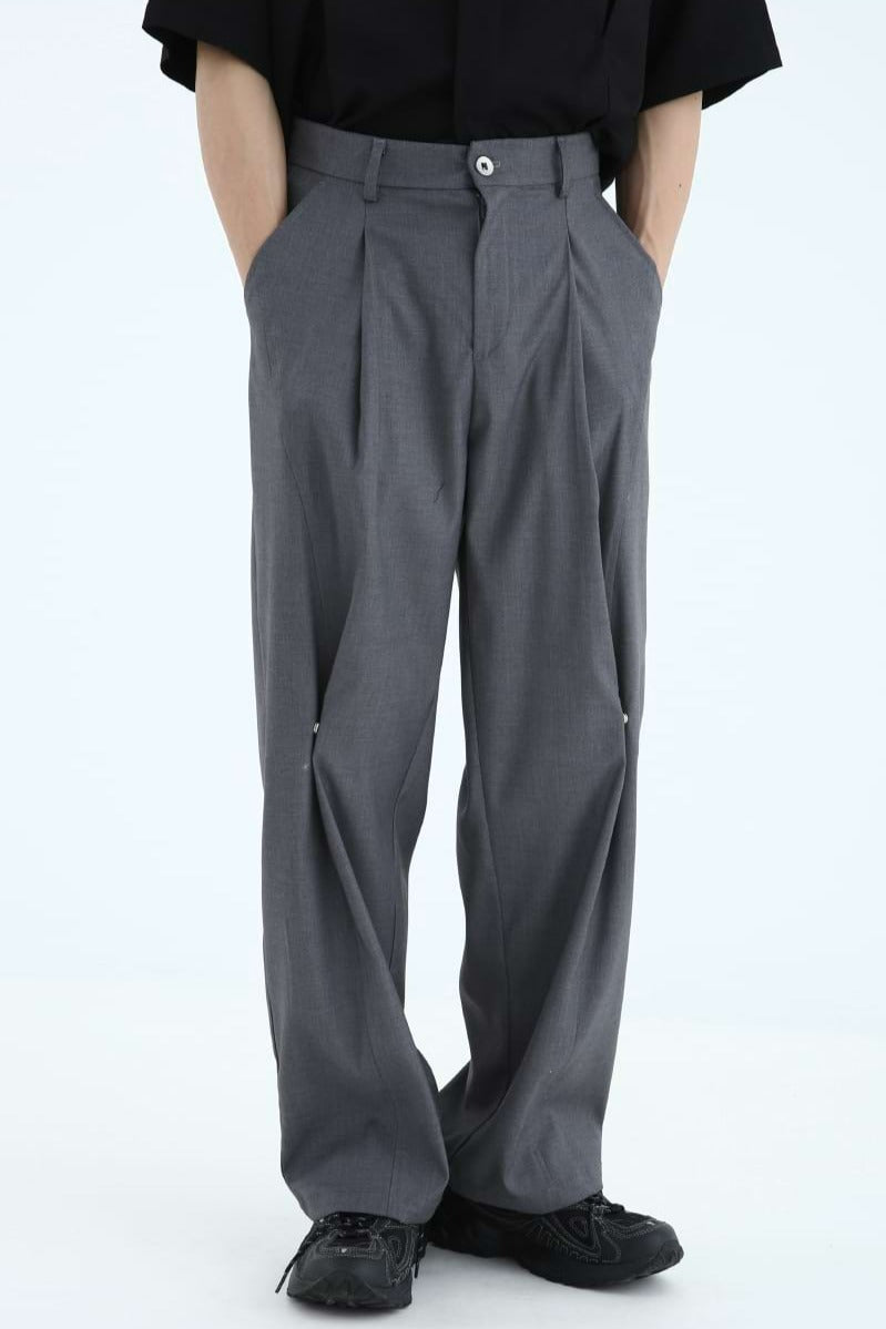 Pleated Straight Fit Pants with Knee Buttons