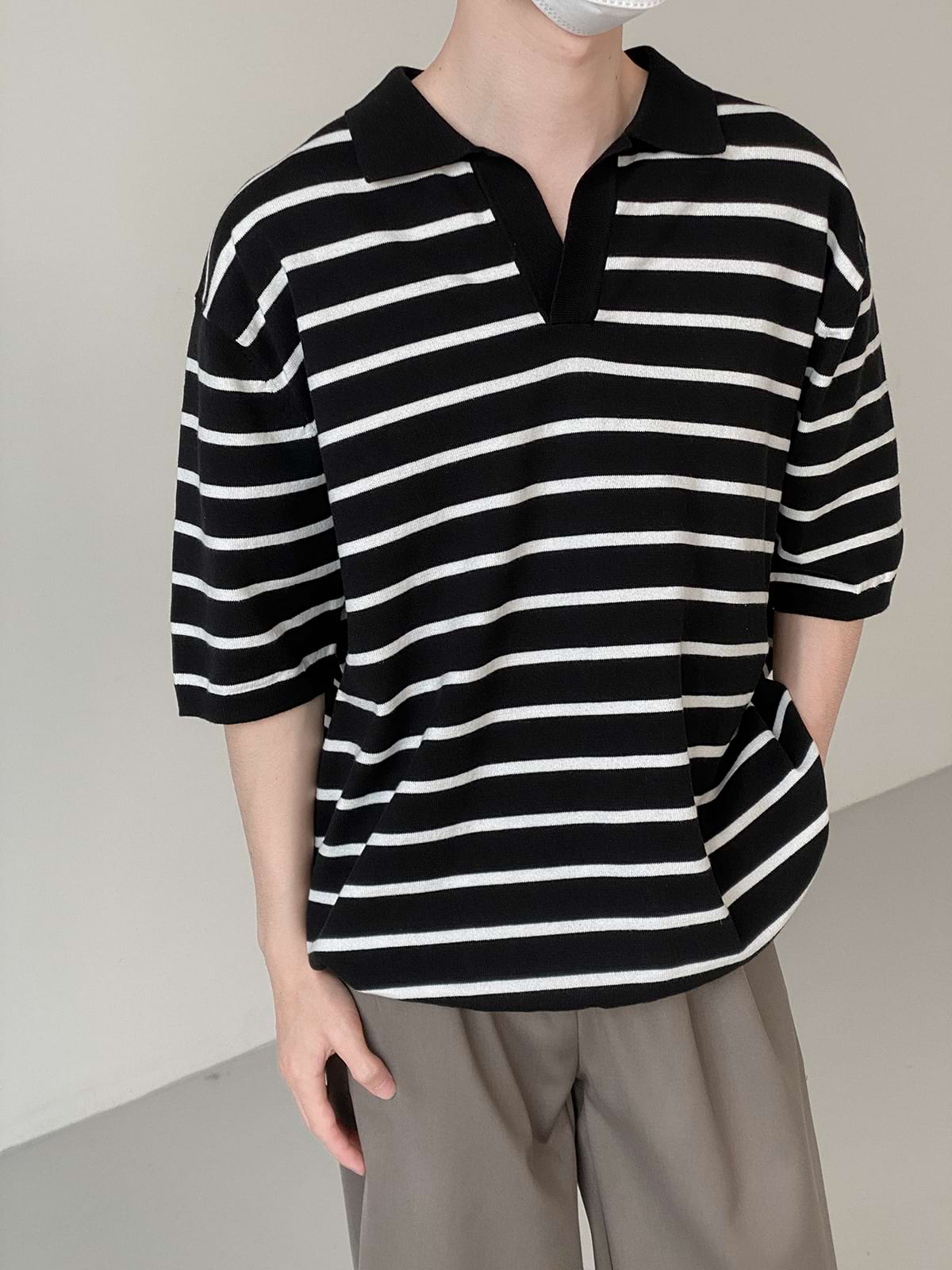 Stripe Ribbed Hem Collared Shirt